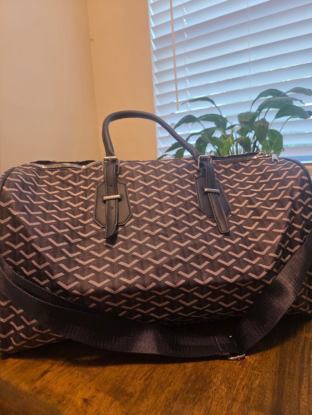 Navy Blue And White Patterned Travel Weekender Bag